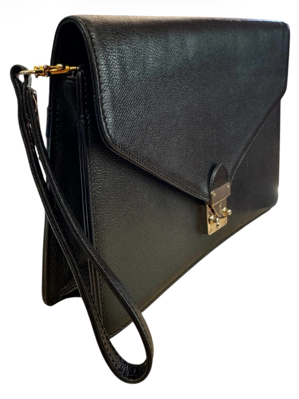 YSL Authentic vtg Black Leather Envelope Clutch Bag Removable Wrist strap - Picture 3 of 14
